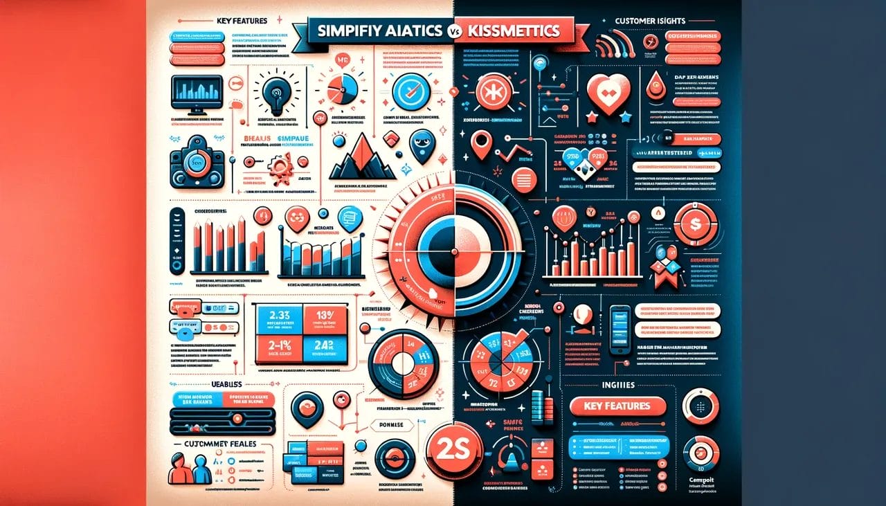 An infographic comparison between SimplifyAnalytics and Kissmetrics emphasizing usability and customer insights. Half bright clear design for Simpli SimplifyAnalytics vs Kissmetrics: A Comprehensive Analytics Tools Comparison