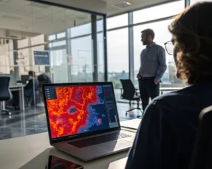A computer screen featuring a vibrant heatmap with red and blue areas indicating user activity levels, set in a sleek, modern office environment.
