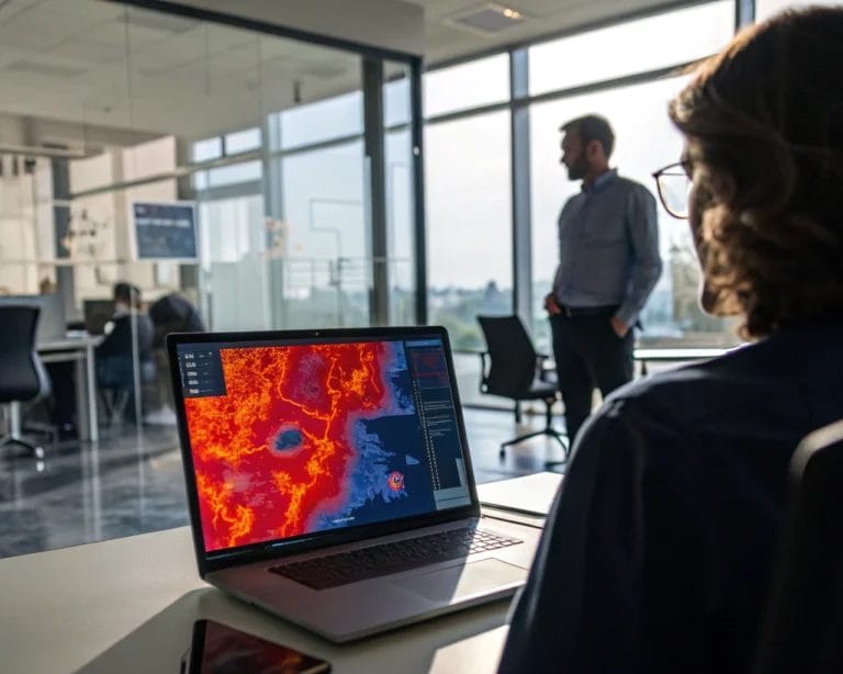 A computer screen featuring a vibrant heatmap with red and blue areas indicating user activity levels, set in a sleek, modern office environment.