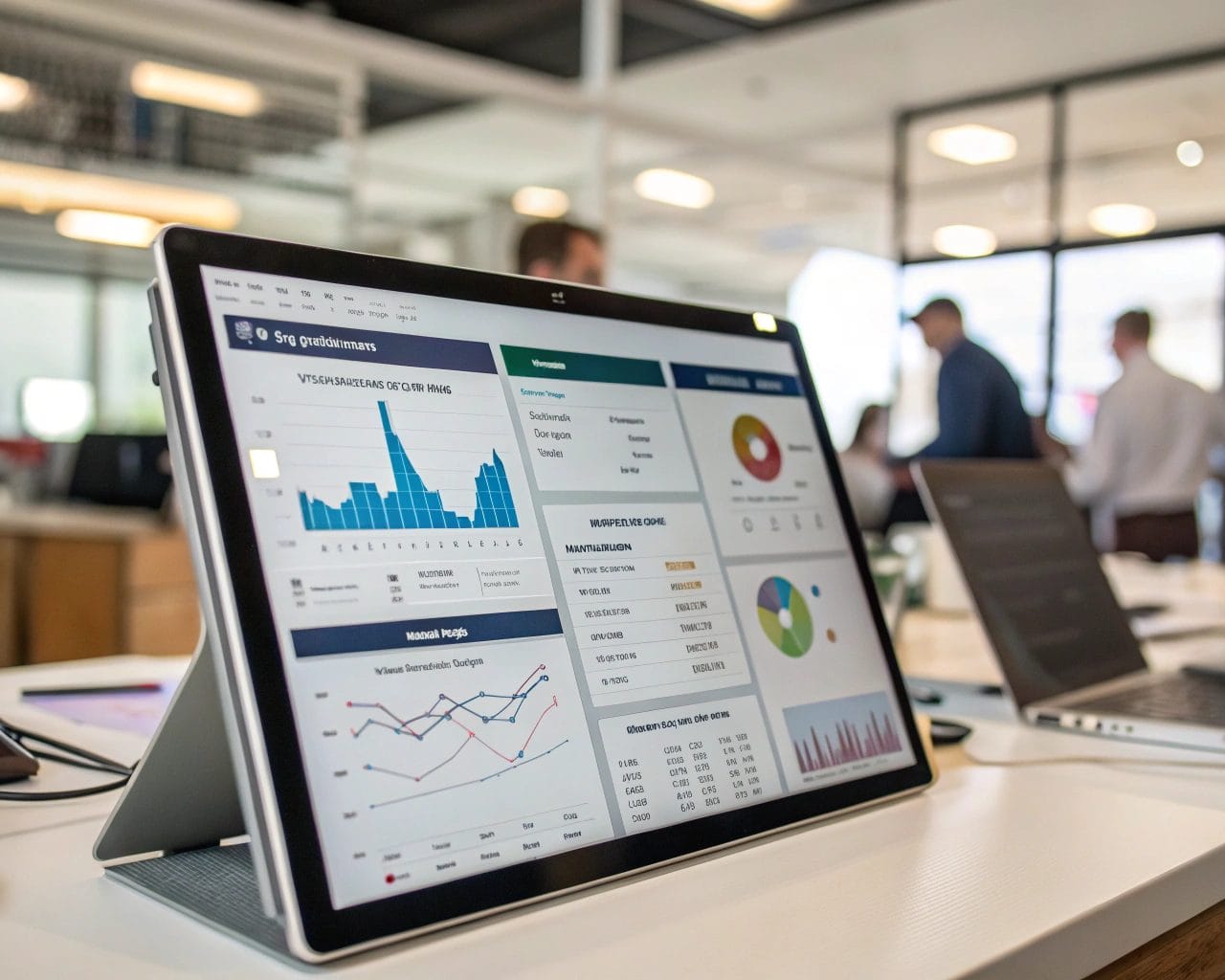 Digital dashboard displaying e-commerce analytics tools with graphs and charts in a modern office setting, illuminated by natural light. The scene captures the essence of data visualization in a busy workplace.