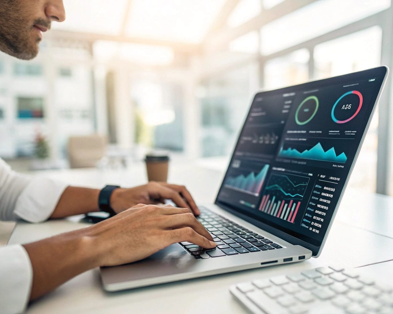 A digital marketer working intently on a laptop in a modern office, with the screen displaying colorful analytics dashboards. The composition emphasizes the focused foreground of the marketer and the intricate keyboard, while the background is blurred to enhance the subject.