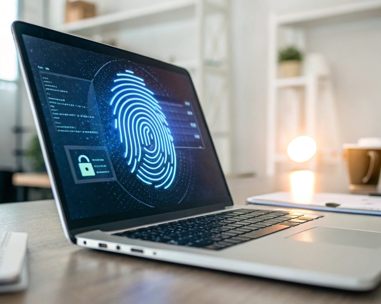 Digital fingerprint icon on a glowing computer screen in a minimalist workspace, symbolizing privacy in web analytics with blurred background and focused foreground.