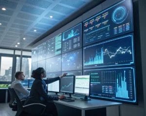 Modern office featuring business intelligence tools with multiple screens showing interactive dashboards and real-time data metrics. The environment has atmospheric backlighting and a symmetrical setup that highlights precision, complete with dynamic graphs and charts.