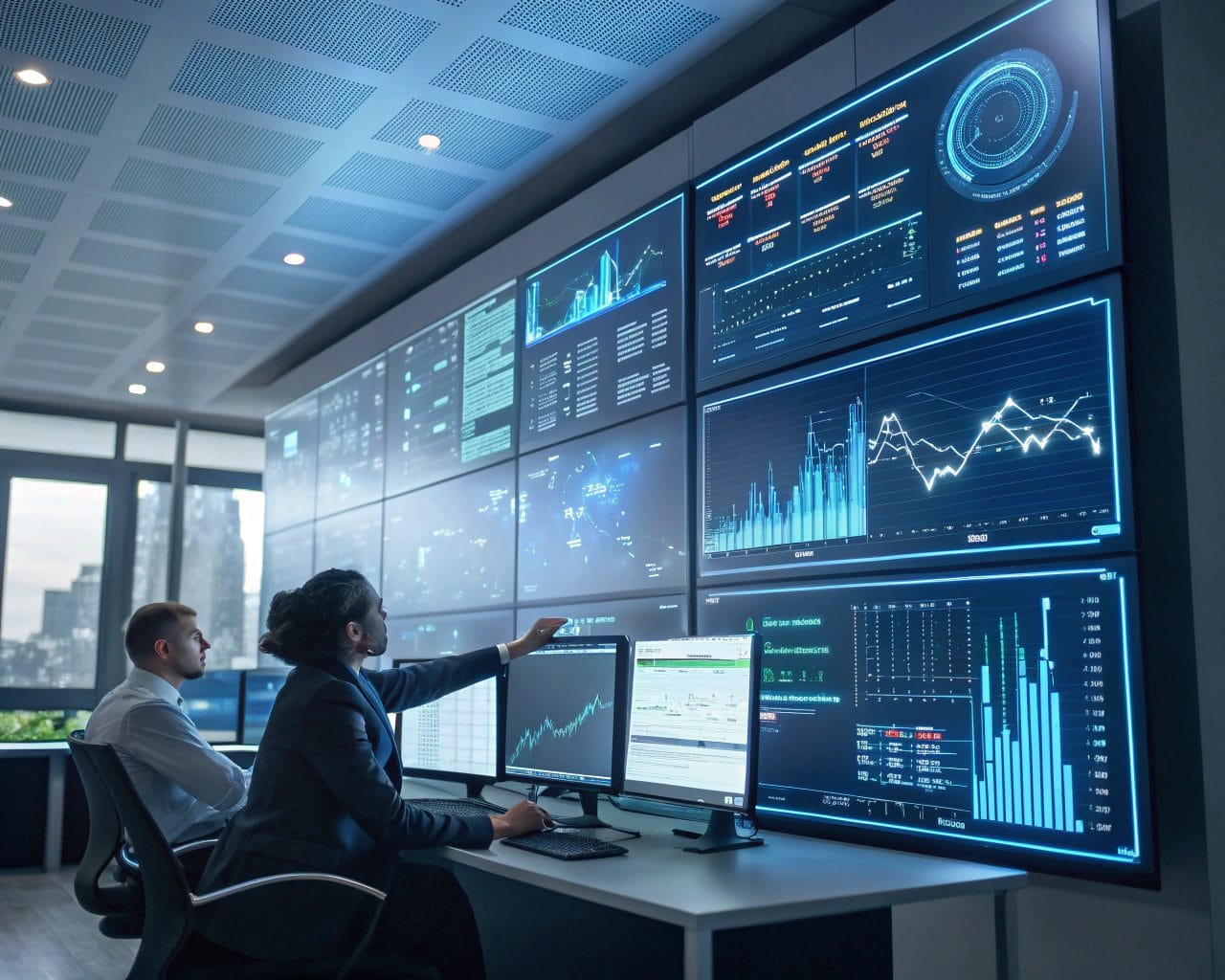 Modern office featuring business intelligence tools with multiple screens showing interactive dashboards and real-time data metrics. The environment has atmospheric backlighting and a symmetrical setup that highlights precision, complete with dynamic graphs and charts.