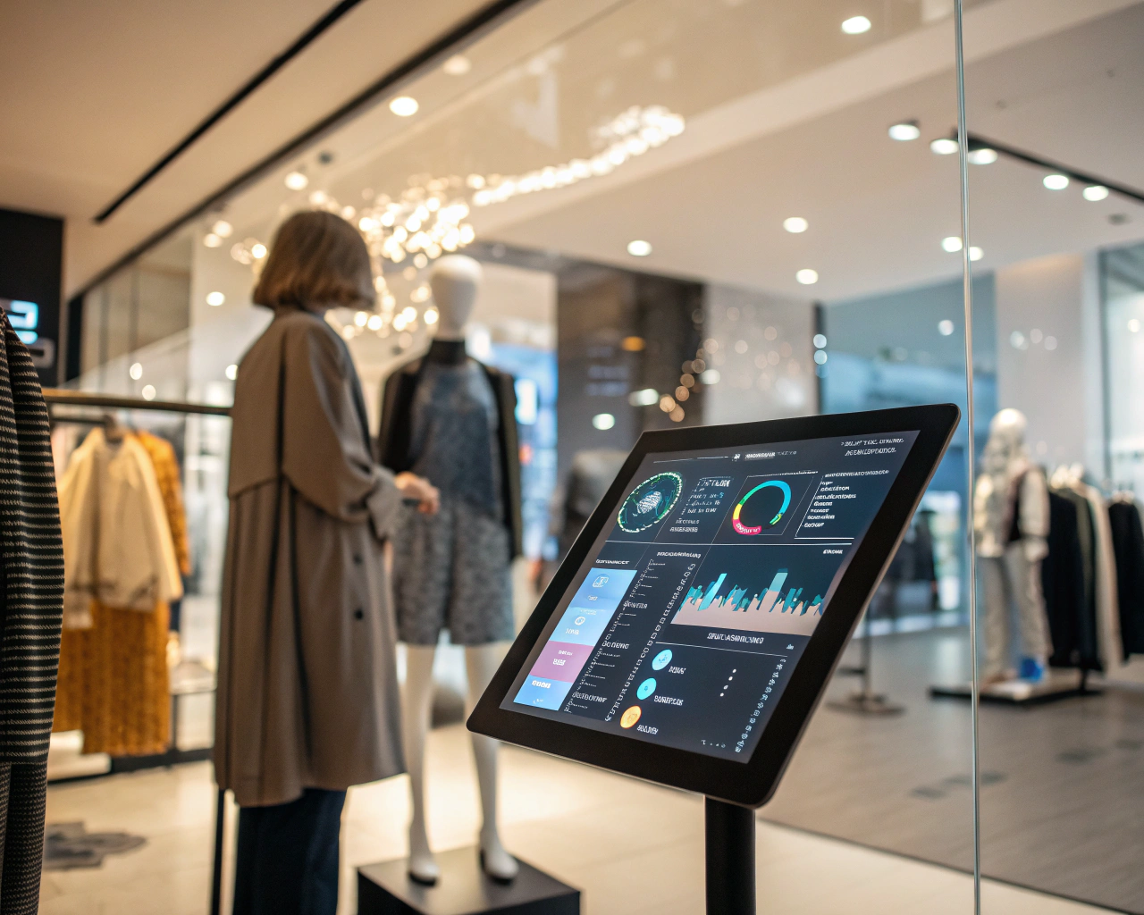 Advanced user segmentation analytics dashboard in a fashion eCommerce setting, featuring dynamic charts and graphs with a soft glow, set against a blurred backdrop of mannequins in a high-end fashion store.