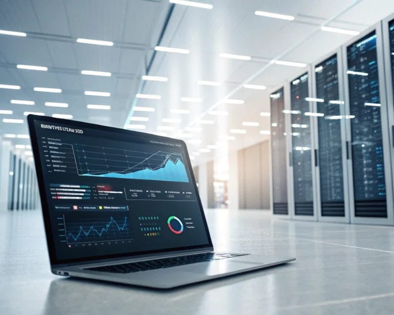 A modern computer screen displaying a sleek analytic dashboard in a futuristic office, with colorful lighting and abstract data streams symbolizing privacy-focused analytics.