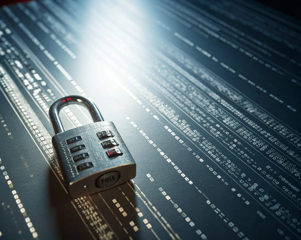 A metallic digital lock symbol with circuits set against abstract flowing data streams, illustrating secure data protection.