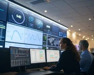 A modern web analytics dashboard interface displayed in a high-tech control room with a focus on cookieless tracking and GDPR compliance. The scene is illuminated with soft lighting, highlighting the clean layout and intuitive iconography.