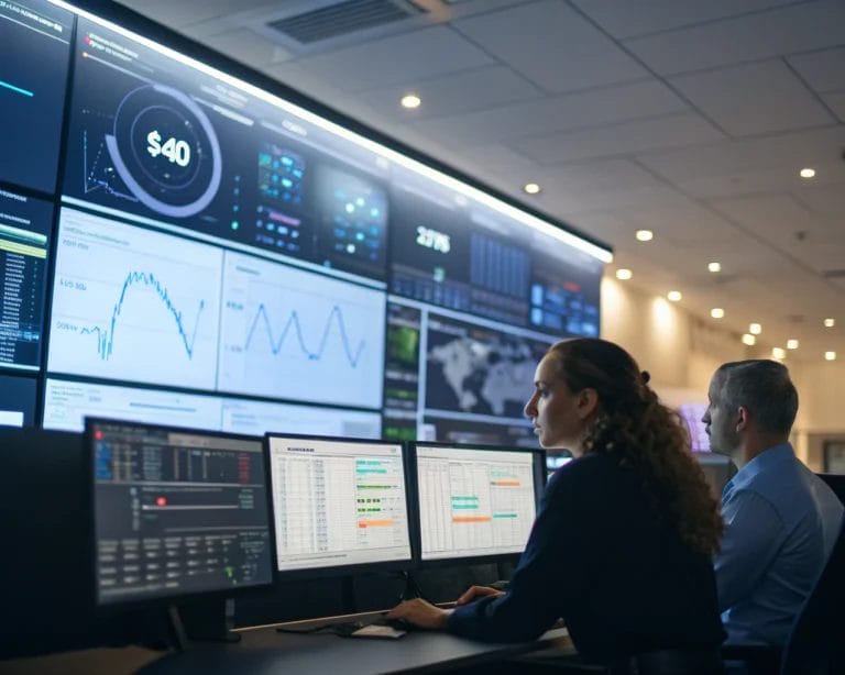 A modern web analytics dashboard interface displayed in a high-tech control room with a focus on cookieless tracking and GDPR compliance. The scene is illuminated with soft lighting, highlighting the clean layout and intuitive iconography.