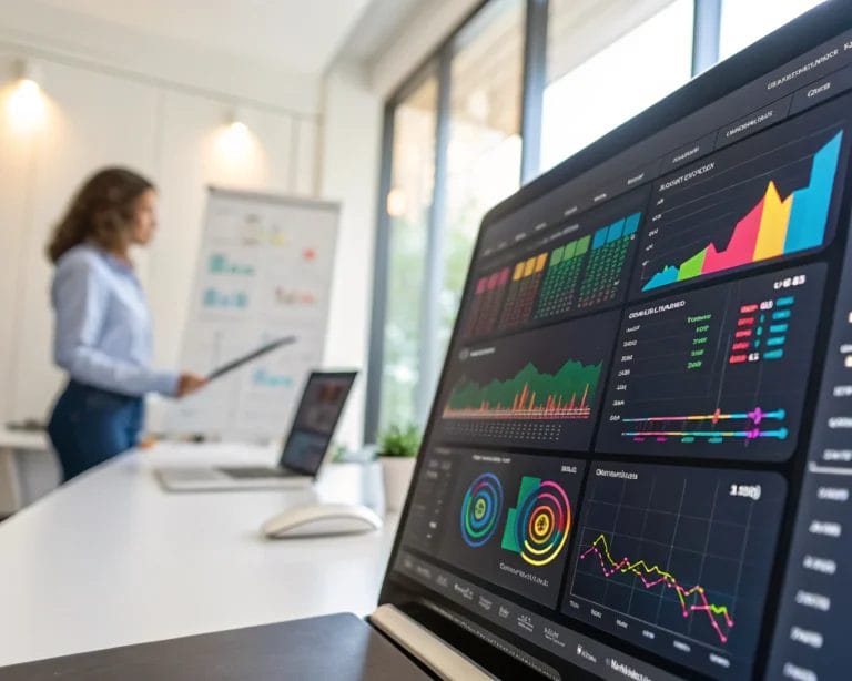 A vibrant interactive dashboard displaying various data visualizations in a minimalistic office environment. The composition highlights detailed graphs and heatmaps with a focus on analytical thinking. The scene is devoid of people, emphasizing a clean and uncluttered workspace.