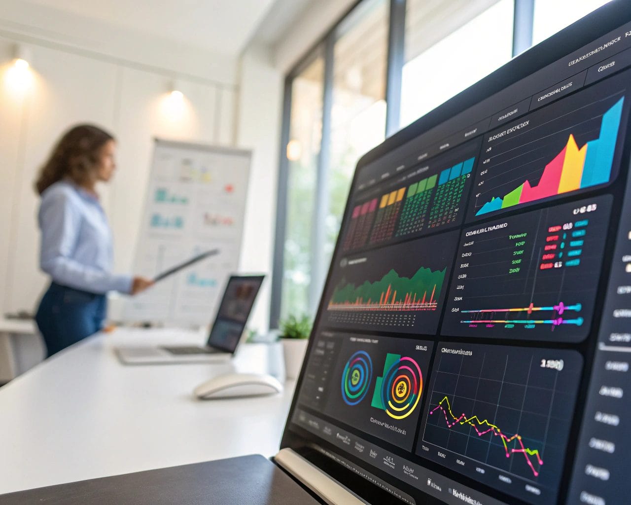 A vibrant interactive dashboard displaying various data visualizations in a minimalistic office environment. The composition highlights detailed graphs and heatmaps with a focus on analytical thinking. The scene is devoid of people, emphasizing a clean and uncluttered workspace.