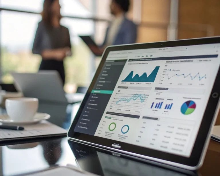 A detailed view of a digital analytics dashboard with charts and graphs, surrounded by a modern high-tech workspace. The image features sharp shadows and a blurred background, highlighting the sleek design of the dashboard.