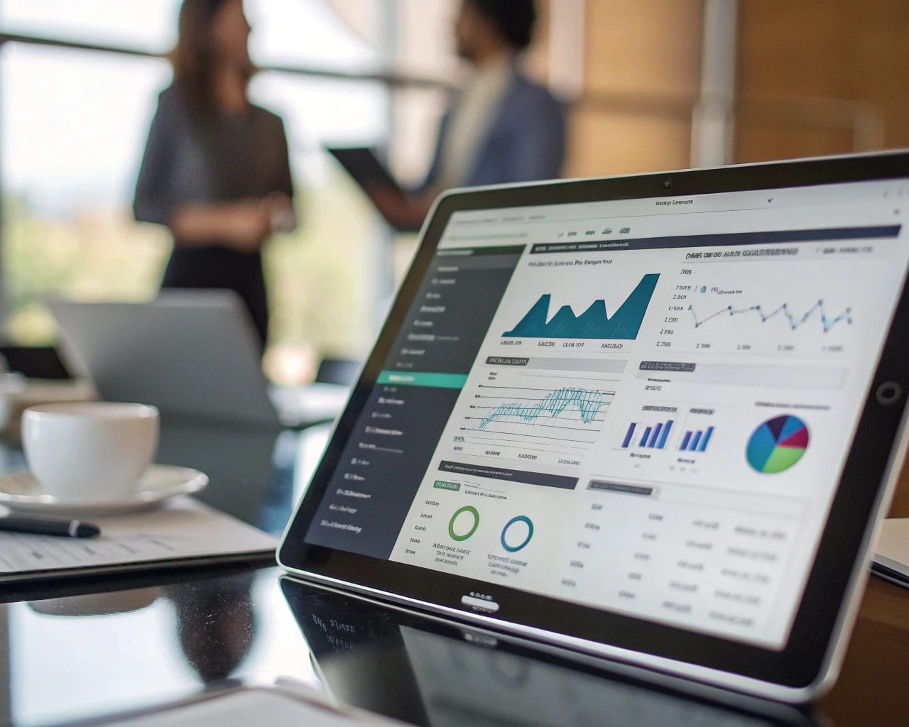 How to Track Mobile vs Desktop Users: A SimplifyAnalytics Guide 1 A detailed view of a digital analytics dashboard with charts and graphs, surrounded by a modern high-tech workspace. The image features sharp shadows and a blurred background, highlighting the sleek design of the dashboard.