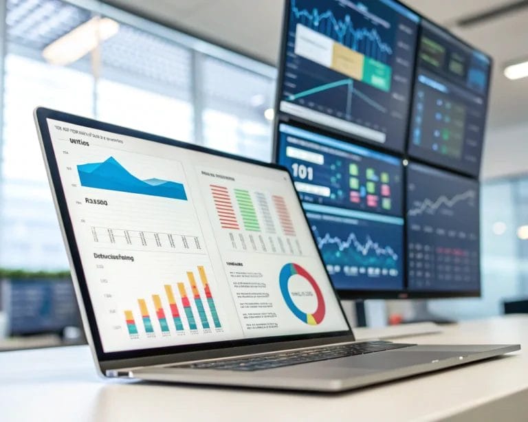 A modern analytics dashboard on a sleek monitor with vibrant charts and graphs, set in a high-tech office environment with multiple data display monitors, showcasing an organized and user-friendly layout.