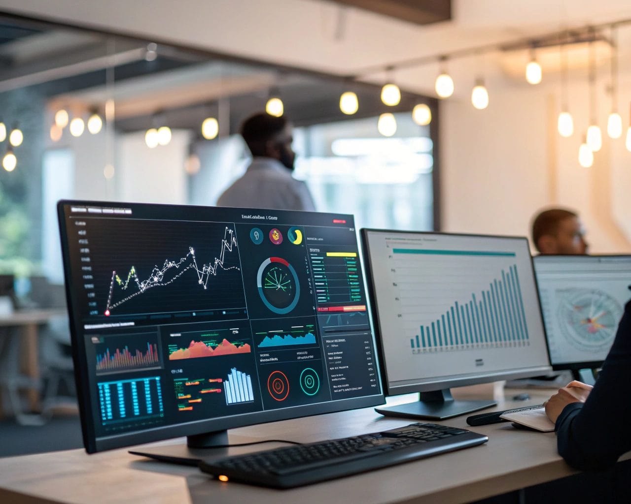 Cinematic image of data analytics dashboards in a modern office, showcasing KPIs and predictive analytics on digital screens with a professional in the background.