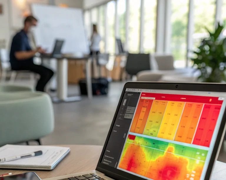 A computer screen displaying a colorful heatmap with shades of red, orange, and green in a blurred office background, illuminated by natural light.