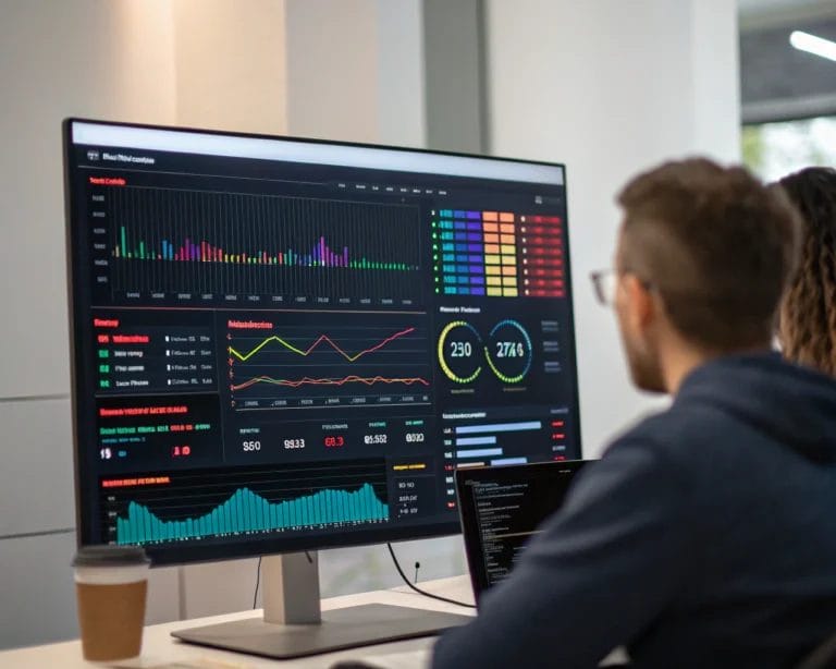 A large monitor displaying a vibrant digital dashboard with session analytics data in a sleek workspace, focusing on user interaction patterns and data visualizations.