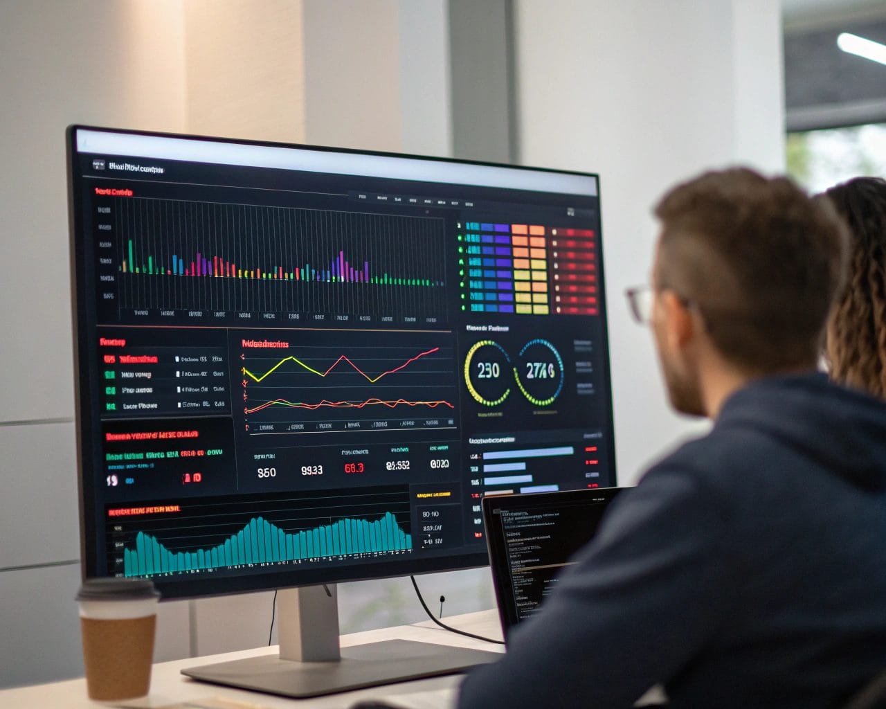 A large monitor displaying a vibrant digital dashboard with session analytics data in a sleek workspace, focusing on user interaction patterns and data visualizations.