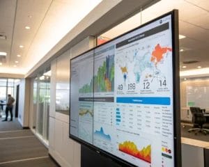 A digital screen in an office showcasing vibrant graphs and heatmaps representing data-driven insights, emphasizing clarity in analytics.