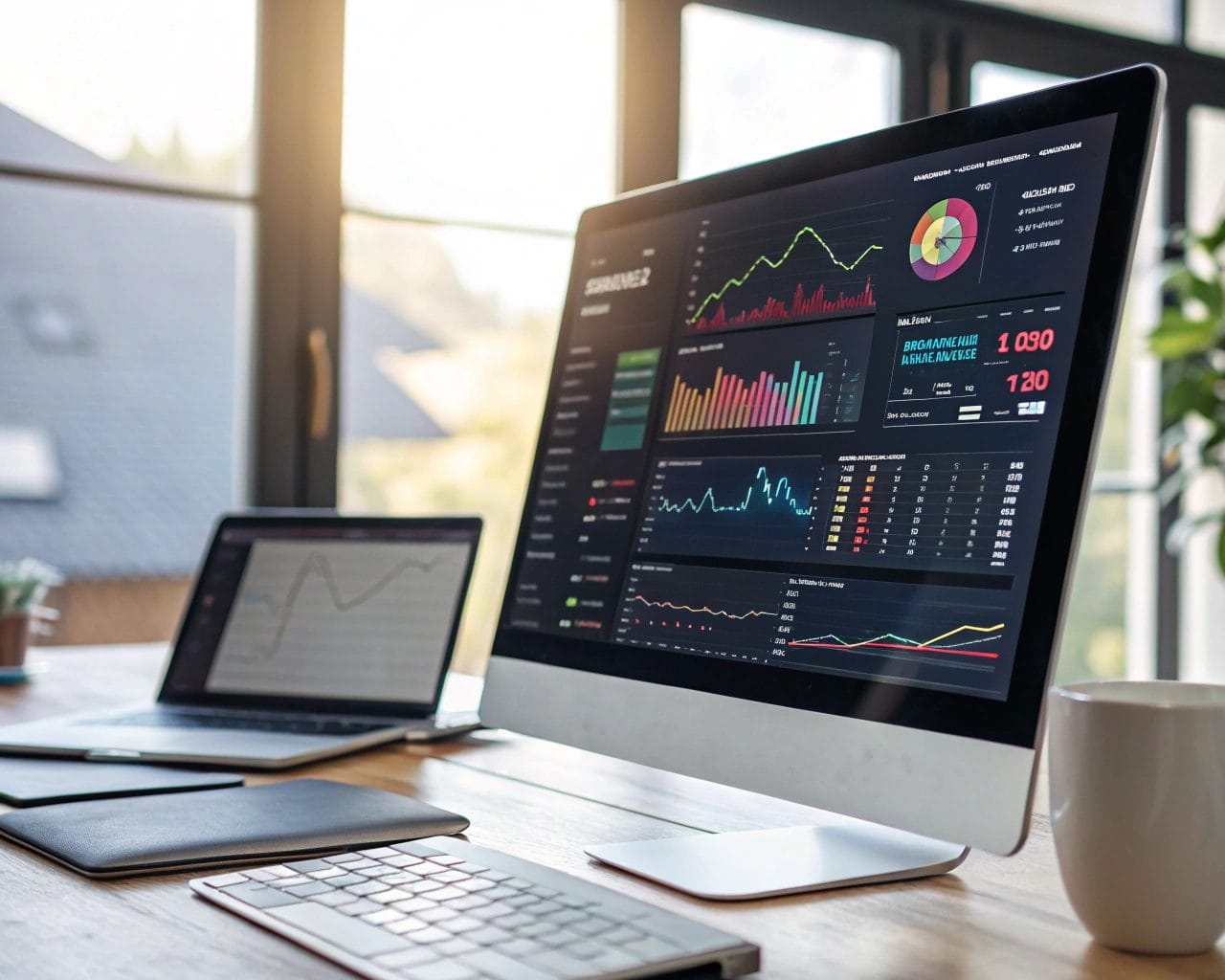 Why Streamlined Analytics Tools Are Better Than Traditional Analytics: Top 10 Benefits for Data-Driven Decisions 1 Modern analytics dashboard on a computer screen in an office environment, displaying real-time data metrics, colorful graphs, and heatmaps, with natural light illuminating the space.