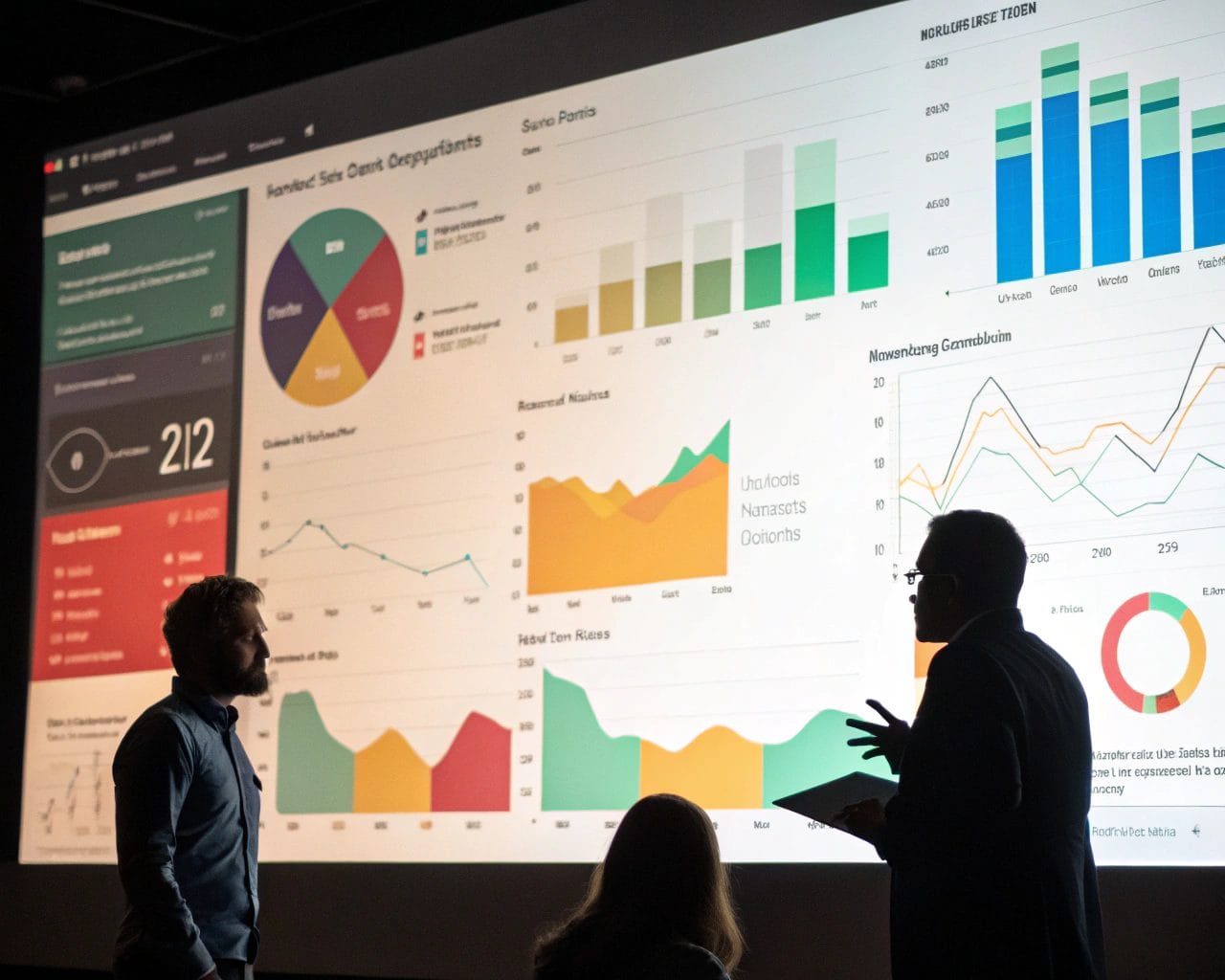 A cinematic image of a modern dashboard displaying colorful graphs and charts, focusing on real-time subscription analytics with sharp shadows and an off-center composition.