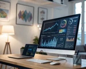 An advanced web analytics dashboard filled with vivid graphs and insights in a modern corporate office, highlighted by a soft glow. The workspace includes a contemporary desk and abstract wall art, creating a clean and balanced composition that emphasizes innovation.