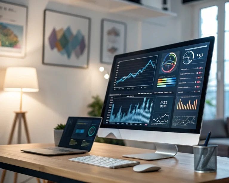 An advanced web analytics dashboard filled with vivid graphs and insights in a modern corporate office, highlighted by a soft glow. The workspace includes a contemporary desk and abstract wall art, creating a clean and balanced composition that emphasizes innovation.