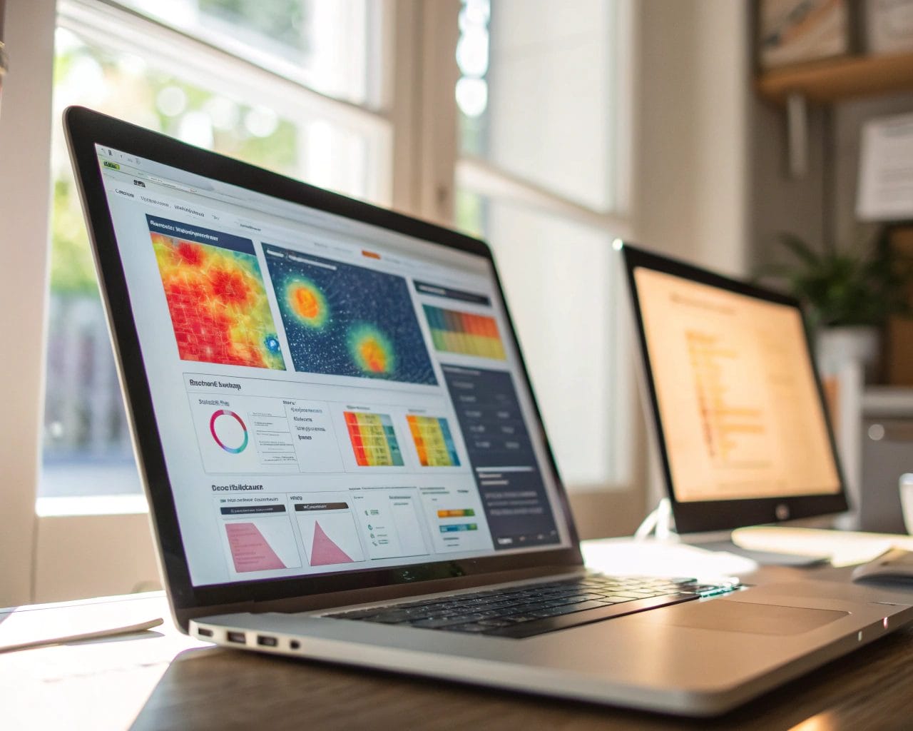 Framed image of a computer screen displaying colorful heatmaps illustrating user interaction over a website mockup, with warm ambient light and a tidy workspace.