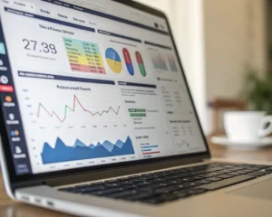 Close-up view of a computer screen with colorful charts and graphs on a modern dashboard interface, set against a blurred desk background.