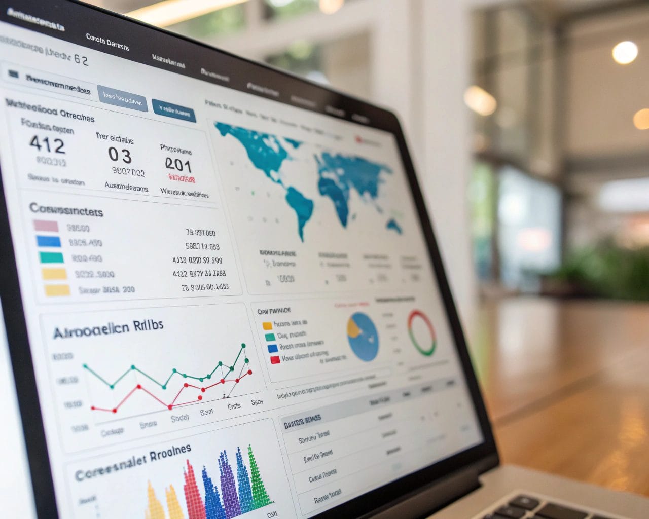 Close-up view of an analytics dashboard screen displaying vibrant ecommerce data such as conversion rates, cart abandonment rates, and a colorful heatmap. The background is a blurred modern office setting, suggesting a professional atmosphere.
