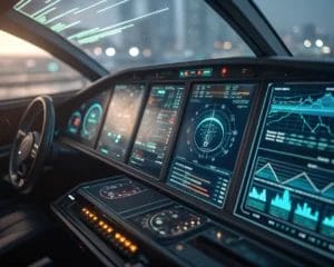 A high-tech command center with a futuristic dashboard displaying multiple data visualizations. The main panel is arranged symmetrically and illuminated by a soft glow, emphasizing its sleek design and intricate graphs, showcasing data processing in real-time.