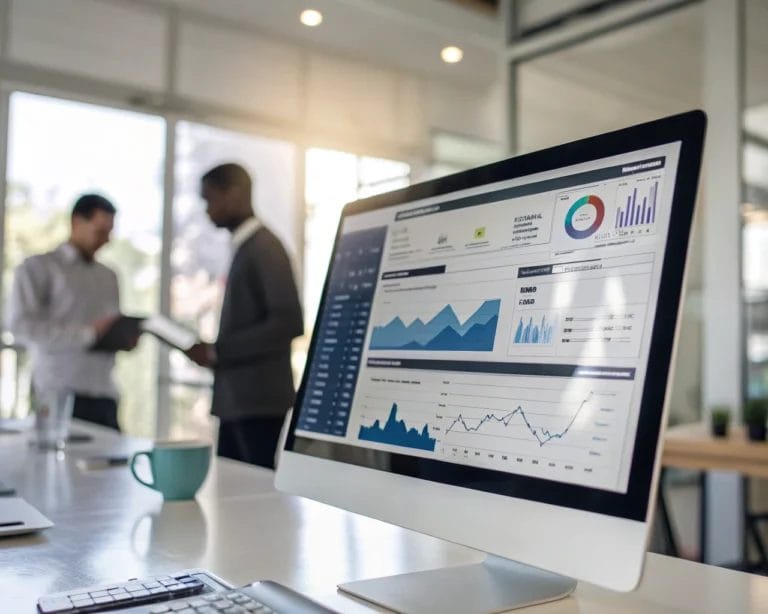 Sleek computer screen displaying a digital analytics dashboard with prominent graphs and metrics, set in a modern office environment with soft lighting.