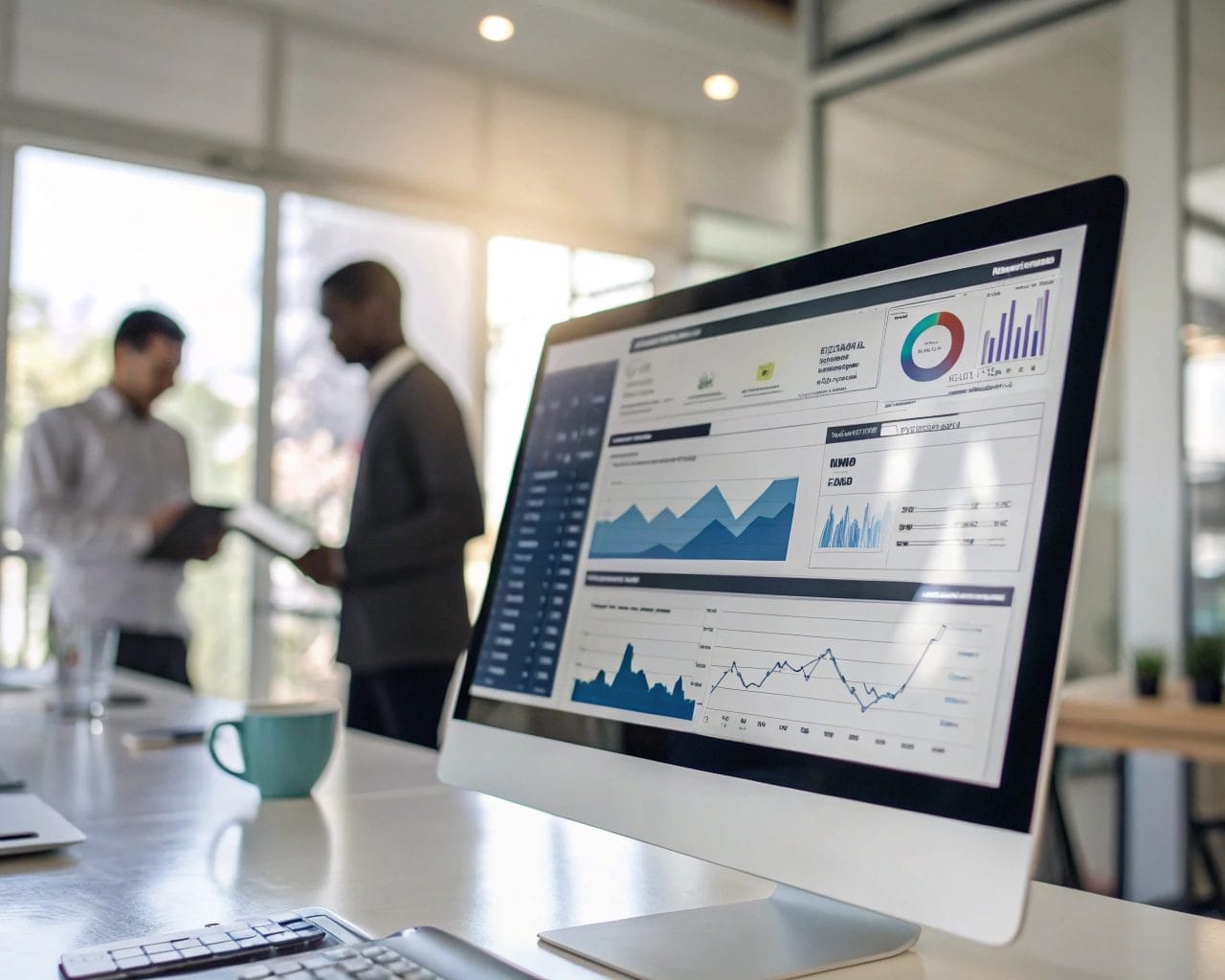 Sleek computer screen displaying a digital analytics dashboard with prominent graphs and metrics, set in a modern office environment with soft lighting.