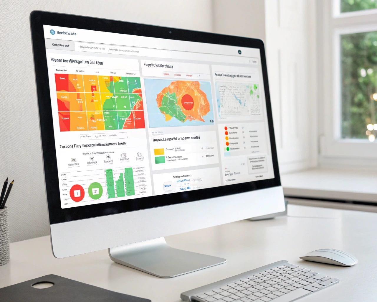 A high-tech dashboard displaying vibrant heatmaps and user interaction patterns on a website, set against a sleek computer screen on a minimalist desk, conveying real-time data analysis.