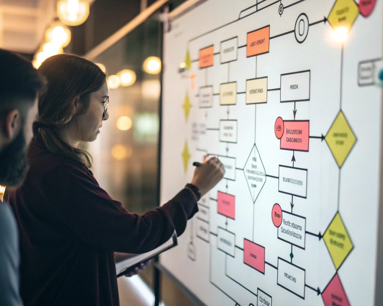A vibrant user flow map on a digital whiteboard, showcasing arrows and shapes in bright colors with a soft glow, representing complex decision-making paths in UX design.