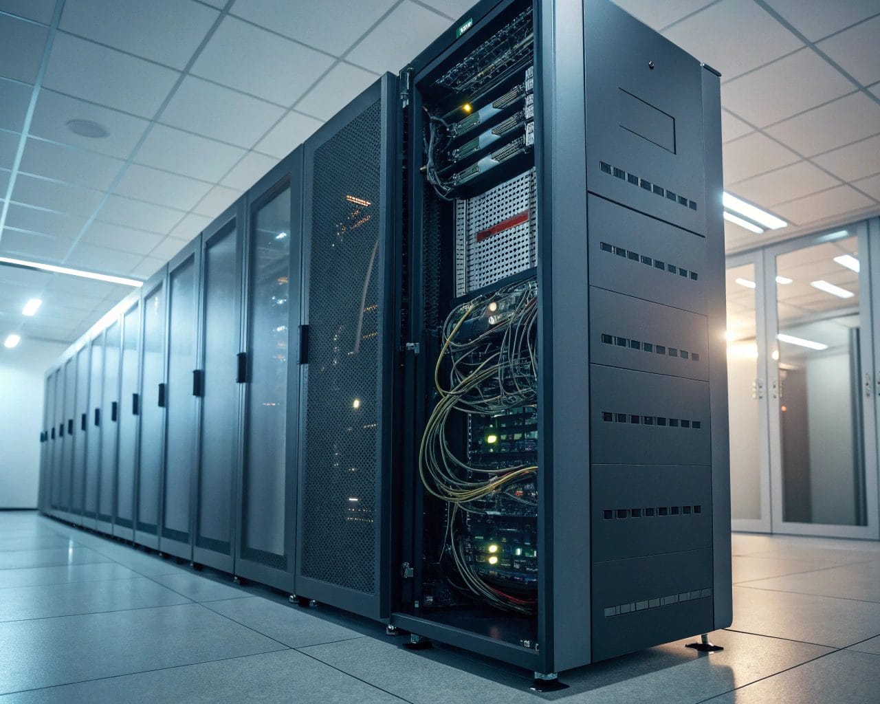 A well-designed data center server rack with complex wiring and blinking lights, surrounded by a soft glow, symbolizing modern analytics and GDPR compliance in a secure setting.