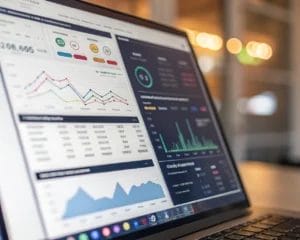 Extreme close-up of a digital data analytics dashboard showcasing various interactive charts and graphs, illuminated by a soft glow from a computer screen. The image emphasizes the sharp details of data lines and color-coded segments, representing insightful and actionable decisions.