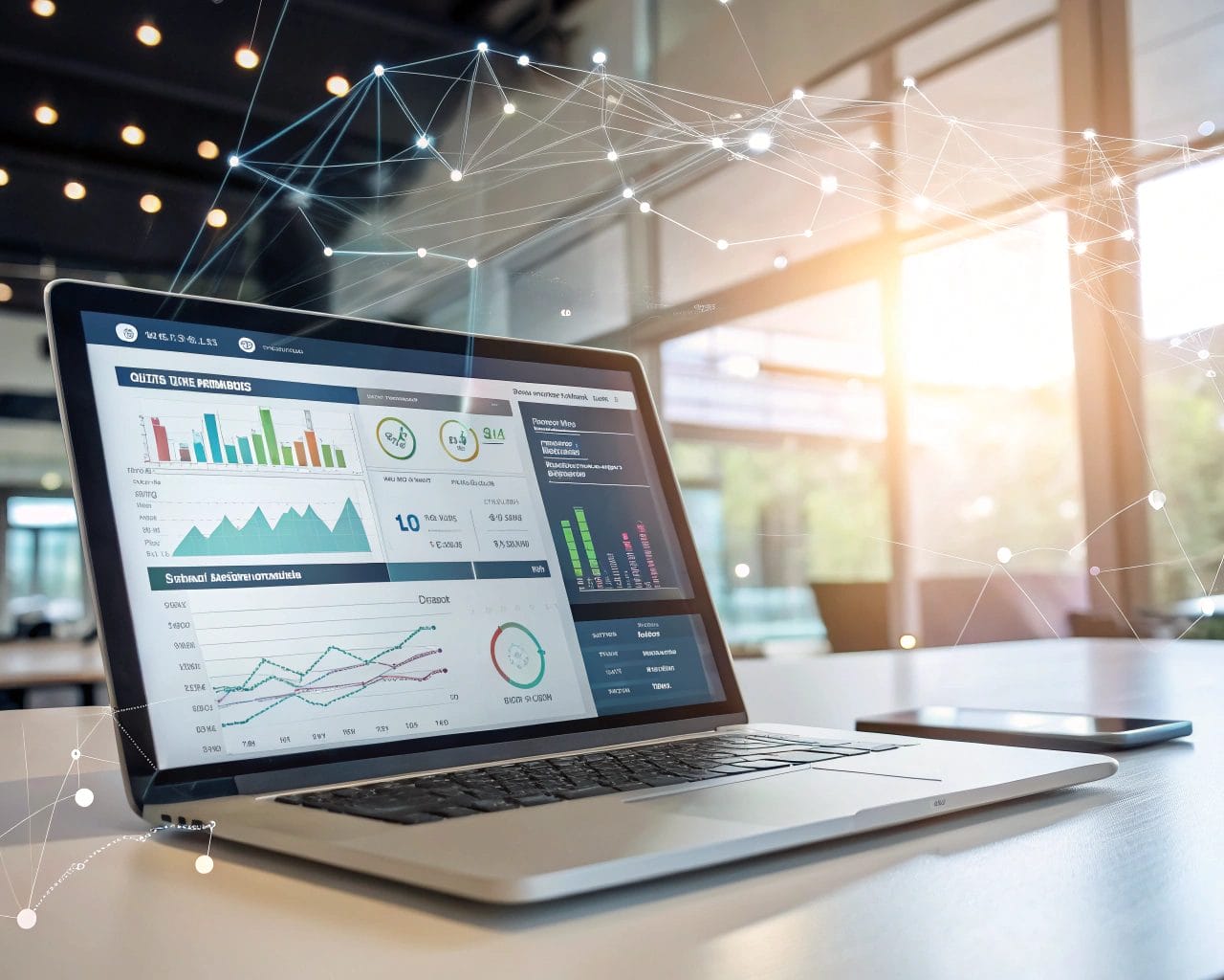 A computer screen displaying a modern web analytics interface with interactive features such as real-time graphs and customizable dashboards, set in a tech office with ambient lighting and abstract data lines connecting devices.