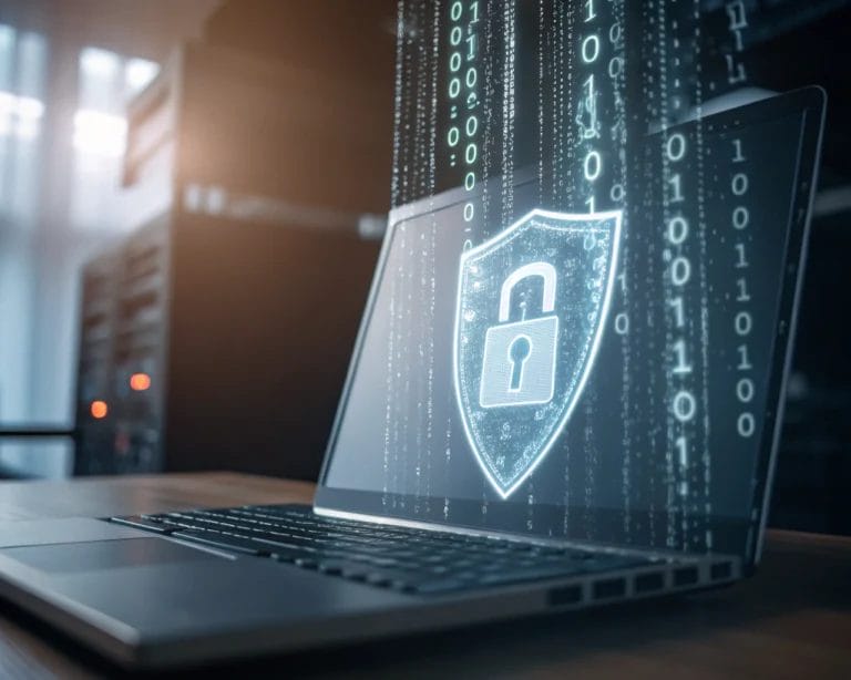 A glowing digital privacy shield surrounded by streams of binary code, symbolizing data protection and security in a modern digital landscape.