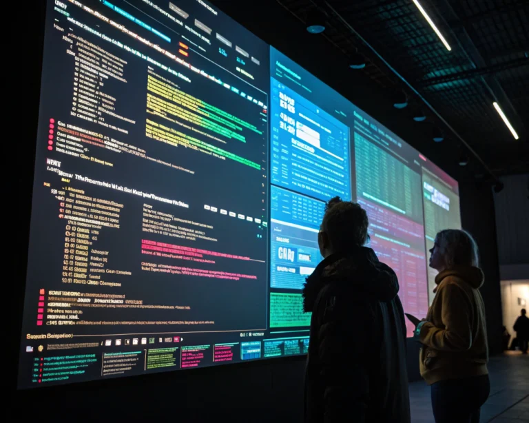 A large digital screen showing session replays of user interactions on a vibrant website, with highlighted clicks and scrolls. The dimly lit environment contrasts with the brightly colored display, creating a focus on the screen. Intricate digital patterns are visible, suggesting ongoing website data analysis.