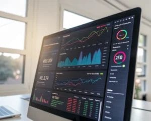 High-resolution computer screen displaying a digital dashboard with colorful analytics graphs and metrics in a minimal office setting illuminated by natural light.