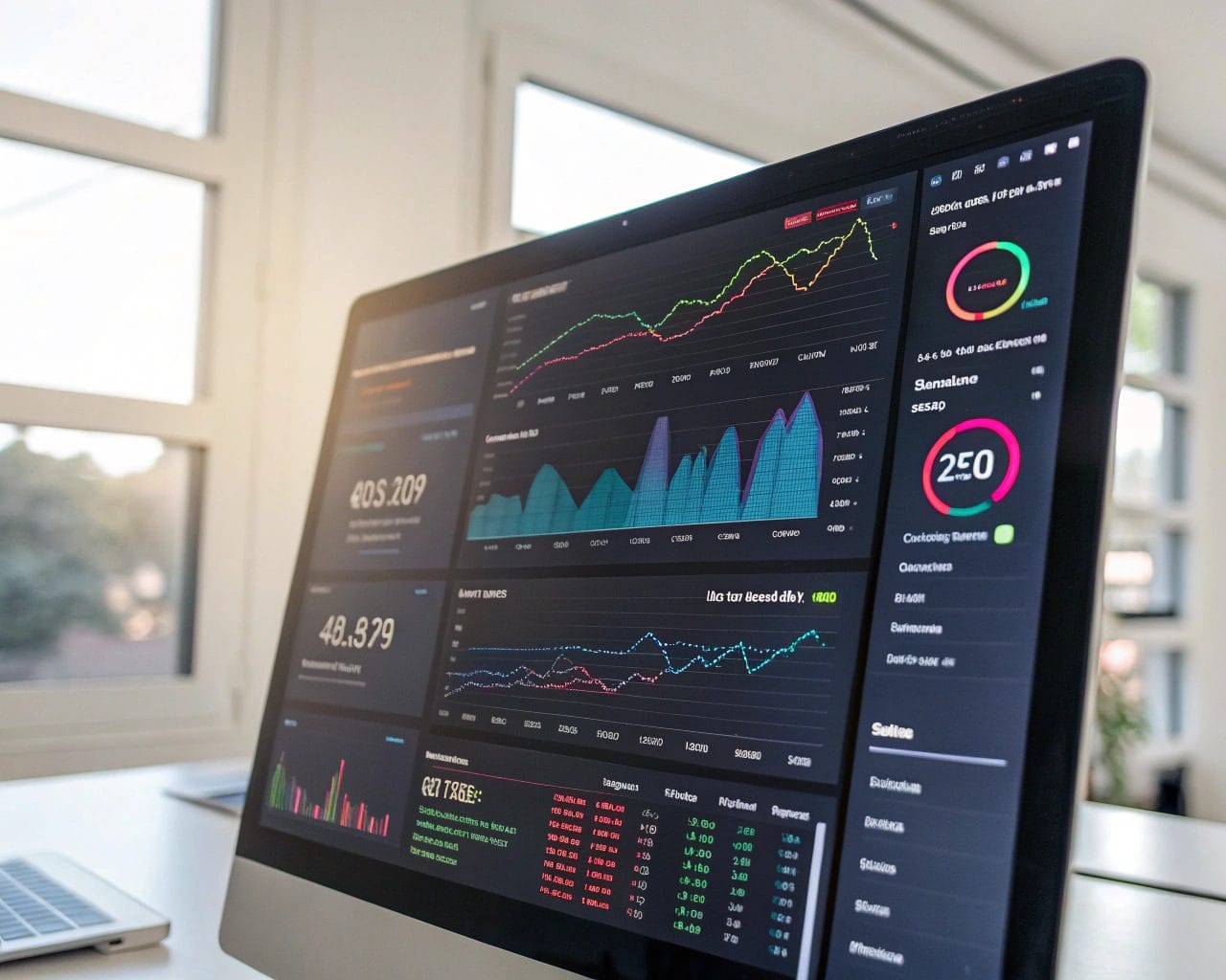 High-resolution computer screen displaying a digital dashboard with colorful analytics graphs and metrics in a minimal office setting illuminated by natural light.