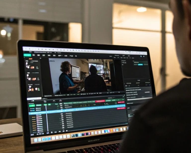 A computer screen showcasing a website in playback mode with visible interactions, set against a neutral-toned office background.
