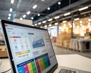 A digital analytics dashboard showcasing colorful heatmaps and session replay visuals in a modern e-commerce workspace, with sharp focus on the analytics charts and a blurred background illuminated by atmospheric lighting.