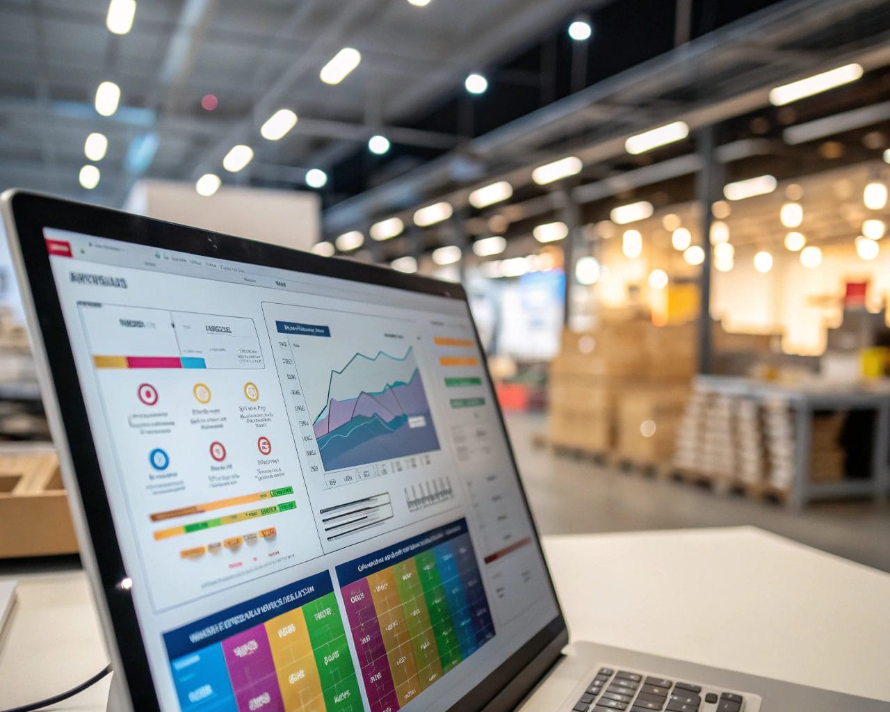 A digital analytics dashboard showcasing colorful heatmaps and session replay visuals in a modern e-commerce workspace, with sharp focus on the analytics charts and a blurred background illuminated by atmospheric lighting.