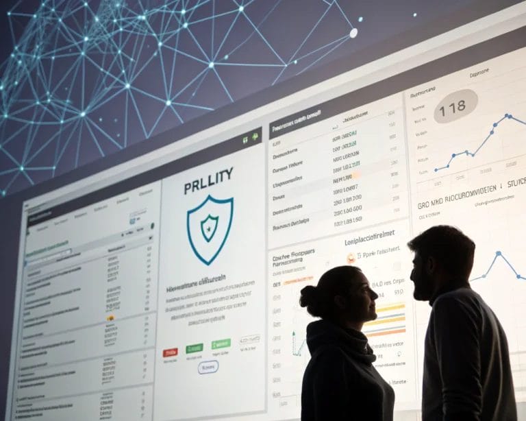 A detailed dashboard of a digital marketing platform showcasing privacy indicators against a backdrop of a digital network grid and a shield icon for data protection.