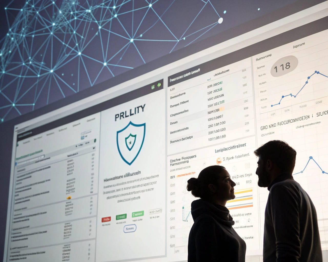 A detailed dashboard of a digital marketing platform showcasing privacy indicators against a backdrop of a digital network grid and a shield icon for data protection.