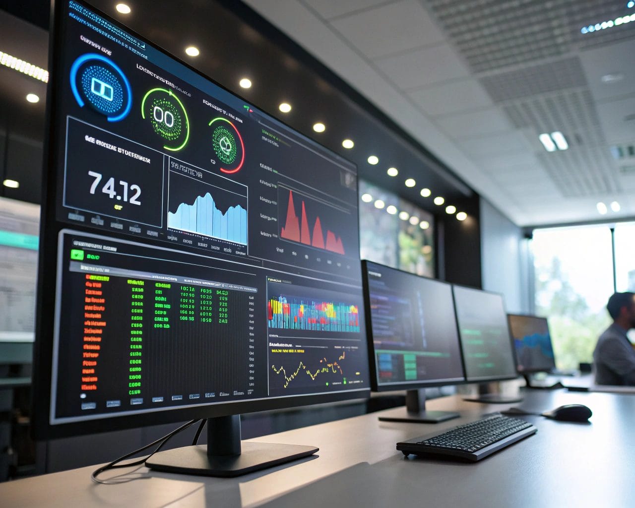 Sustainability analytics dashboard in a sleek office, displaying colorful graphs and environmental metrics like carbon emissions and energy consumption, with a focused foreground and blurred background.