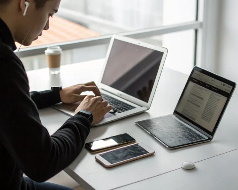 User engaged in multitasking with phone, tablet, and laptop at a sleek desk in a modern workspace, highlighted by natural ambient light.