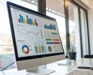 Computer monitor showcasing a vibrant data visualization dashboard in a modern home office, featuring colorful bar charts, pie charts, and line graphs with a soft, diffused light from a window.